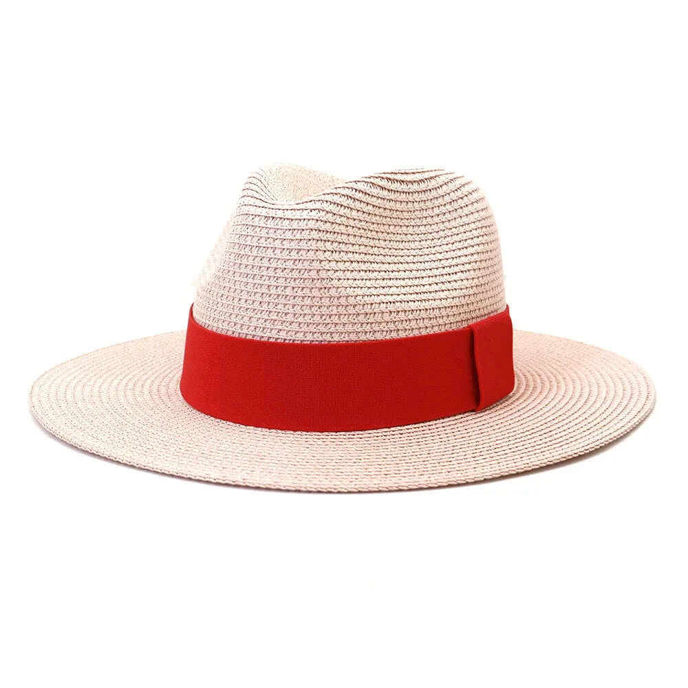 Fashion Summer Casual Unisex Beach Wide Brim Jazz Sun Hat Panama Hat Paper Straw Women Men Cap with Red Ribbon