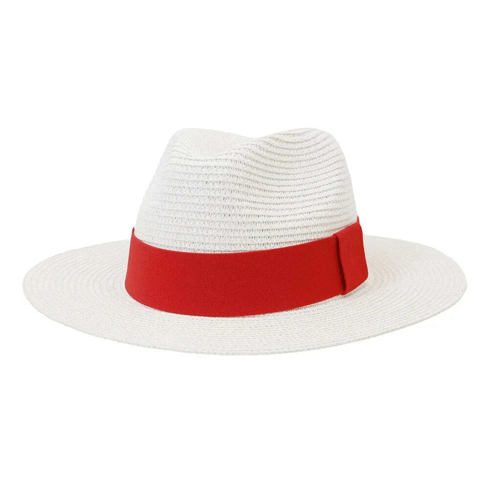 Fashion Summer Casual Unisex Beach Wide Brim Jazz Sun Hat Panama Hat Paper Straw Women Men Cap with Red Ribbon
