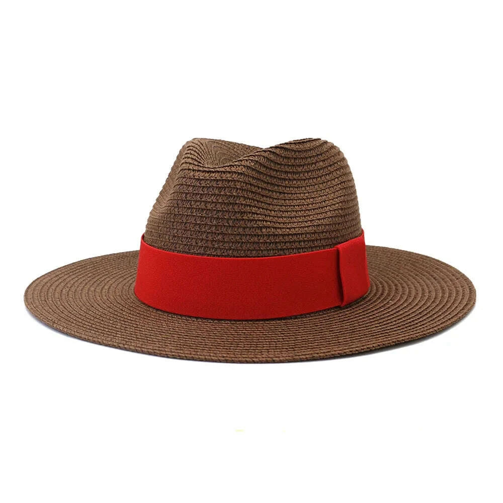 Fashion Summer Casual Unisex Beach Wide Brim Jazz Sun Hat Panama Hat Paper Straw Women Men Cap with Red Ribbon