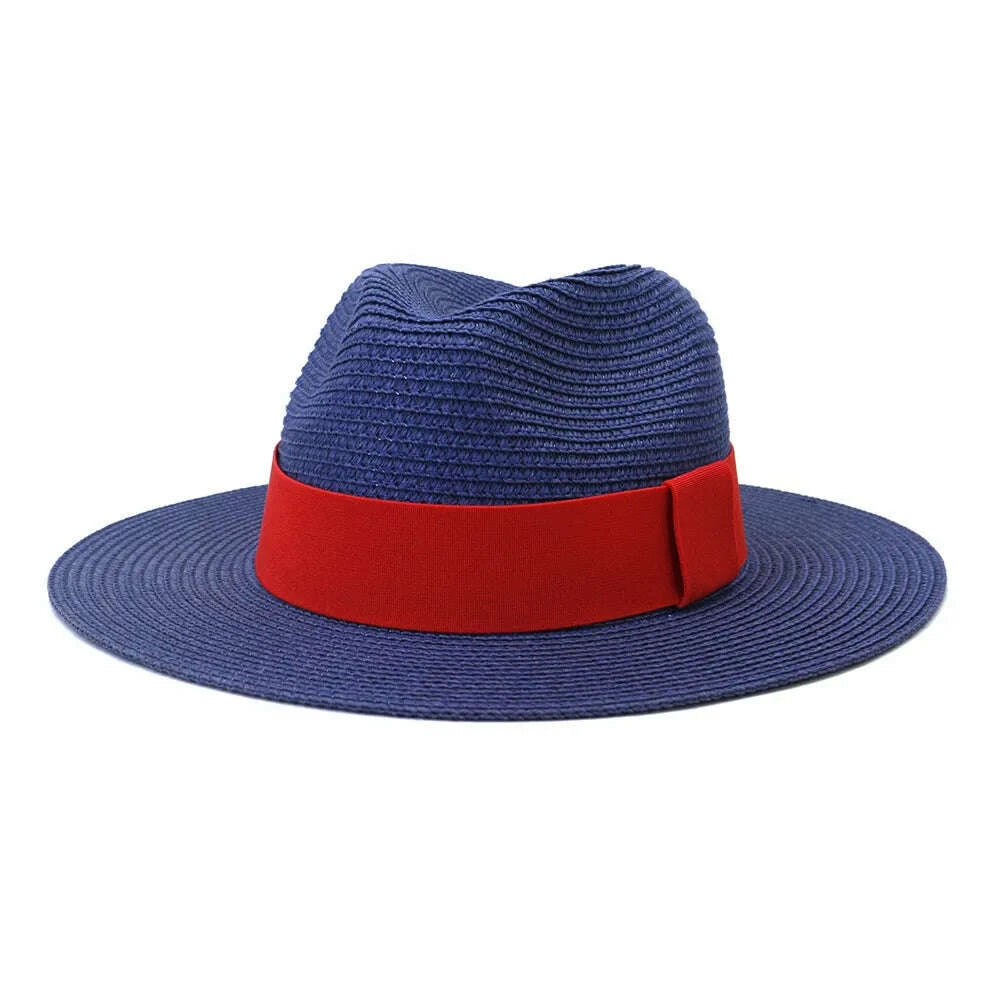 Fashion Summer Casual Unisex Beach Wide Brim Jazz Sun Hat Panama Hat Paper Straw Women Men Cap with Red Ribbon