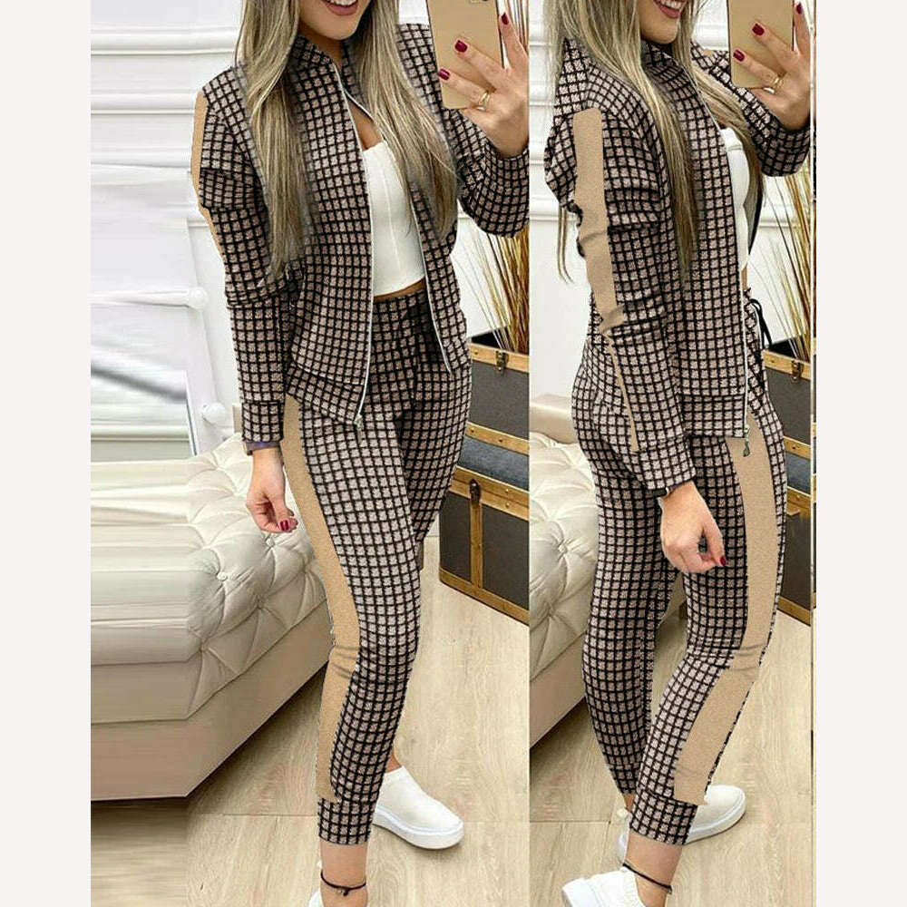 KIMLUD, Fashion Tracksuit 2 Piece Set Autumn Winter Zipper Jacket + Long Pants Sports Suit Female Sweatshirt Sportswear Suit For Woman, Coffee / S, KIMLUD Womens Clothes