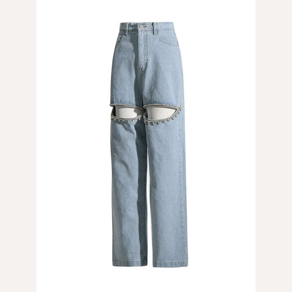 KIMLUD, Fashion Trendy Hot Diamond Design Blue Distressed Relaxation of Tall Waist Wide Legged Pants Spring 2024 Hollow Out Jeans Women, KIMLUD Womens Clothes