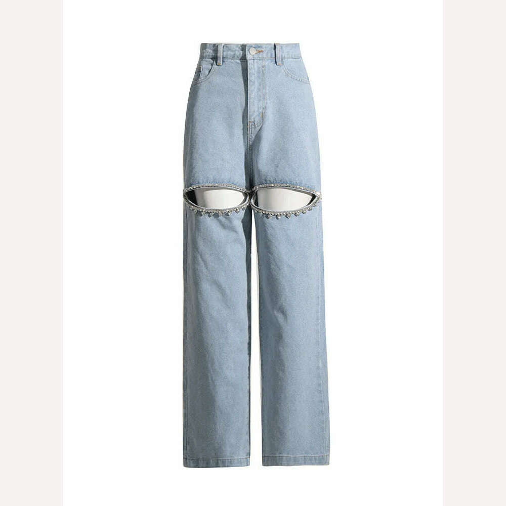 KIMLUD, Fashion Trendy Hot Diamond Design Blue Distressed Relaxation of Tall Waist Wide Legged Pants Spring 2024 Hollow Out Jeans Women, blue jeans / S, KIMLUD APPAREL - Womens Clothes
