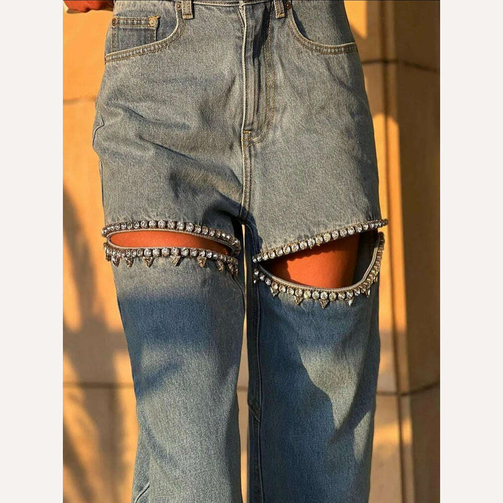 KIMLUD, Fashion Trendy Hot Diamond Design Blue Distressed Relaxation of Tall Waist Wide Legged Pants Spring 2024 Hollow Out Jeans Women, KIMLUD Womens Clothes
