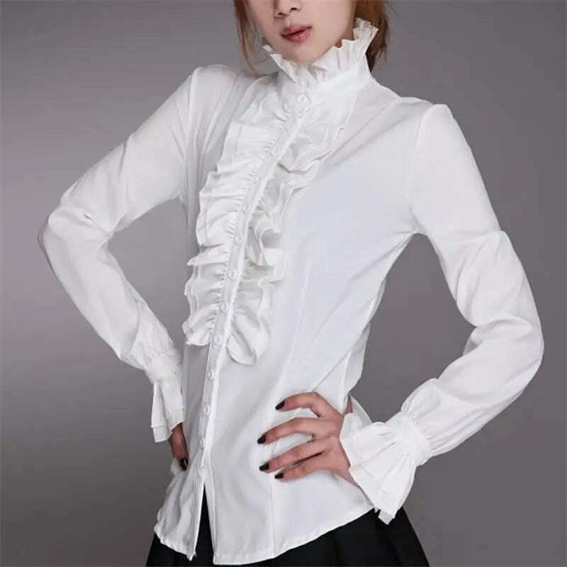 Fashion Victorian Blouses Women OL Office Ladies White Shirt High Neck Frill Ruffle Cuffs Shirts Female Blouse - KIMLUD