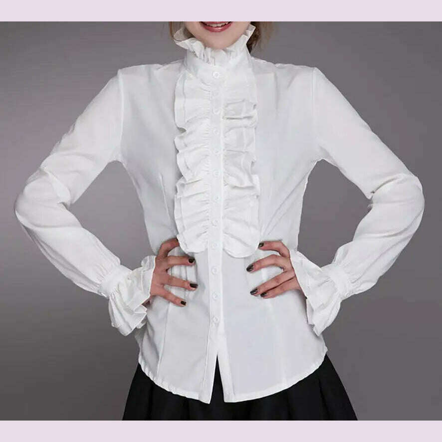 Fashion Victorian Blouses Women OL Office Ladies White Shirt High Neck Frill Ruffle Cuffs Shirts Female Blouse - KIMLUD
