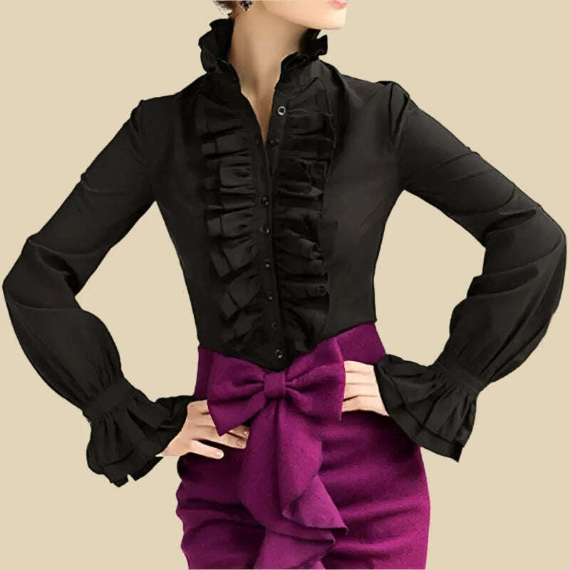 Fashion Victorian Blouses Women OL Office Ladies White Shirt High Neck Frill Ruffle Cuffs Shirts Female Blouse - KIMLUD