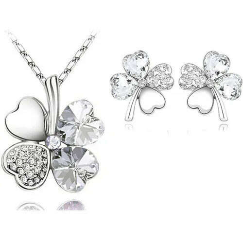 KIMLUD, Fashion Wedding Jewelry Sets For Brides Austrian Crystal Rhinestones Gold Color Lucky Clover Necklace Earrings Jewelry Set, silver white, KIMLUD APPAREL - Womens Clothes
