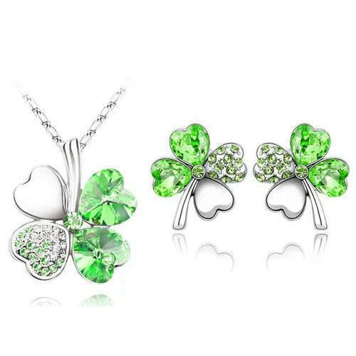 KIMLUD, Fashion Wedding Jewelry Sets For Brides Austrian Crystal Rhinestones Gold Color Lucky Clover Necklace Earrings Jewelry Set, silver light green, KIMLUD APPAREL - Womens Clothes