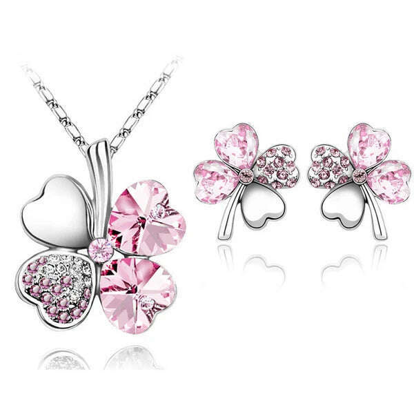 KIMLUD, Fashion Wedding Jewelry Sets For Brides Austrian Crystal Rhinestones Gold Color Lucky Clover Necklace Earrings Jewelry Set, silver yellow, KIMLUD APPAREL - Womens Clothes