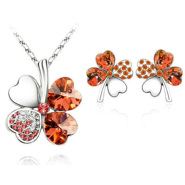 KIMLUD, Fashion Wedding Jewelry Sets For Brides Austrian Crystal Rhinestones Gold Color Lucky Clover Necklace Earrings Jewelry Set, silver lightred, KIMLUD APPAREL - Womens Clothes