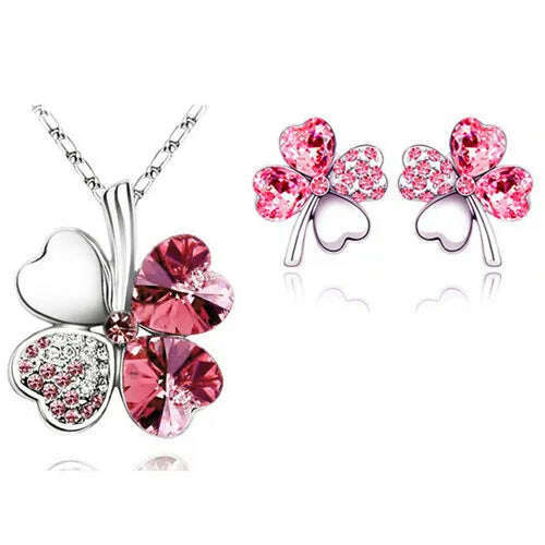 KIMLUD, Fashion Wedding Jewelry Sets For Brides Austrian Crystal Rhinestones Gold Color Lucky Clover Necklace Earrings Jewelry Set, silver dark pink, KIMLUD APPAREL - Womens Clothes