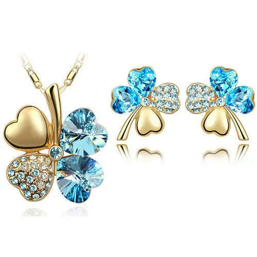 KIMLUD, Fashion Wedding Jewelry Sets For Brides Austrian Crystal Rhinestones Gold Color Lucky Clover Necklace Earrings Jewelry Set, gold oceanblue, KIMLUD APPAREL - Womens Clothes