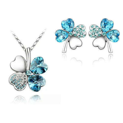 KIMLUD, Fashion Wedding Jewelry Sets For Brides Austrian Crystal Rhinestones Gold Color Lucky Clover Necklace Earrings Jewelry Set, silver oceanblue, KIMLUD APPAREL - Womens Clothes