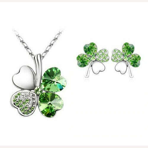 KIMLUD, Fashion Wedding Jewelry Sets For Brides Austrian Crystal Rhinestones Gold Color Lucky Clover Necklace Earrings Jewelry Set, silver darkgreen, KIMLUD APPAREL - Womens Clothes