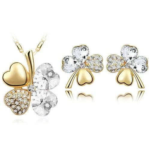 KIMLUD, Fashion Wedding Jewelry Sets For Brides Austrian Crystal Rhinestones Gold Color Lucky Clover Necklace Earrings Jewelry Set, gold white, KIMLUD APPAREL - Womens Clothes