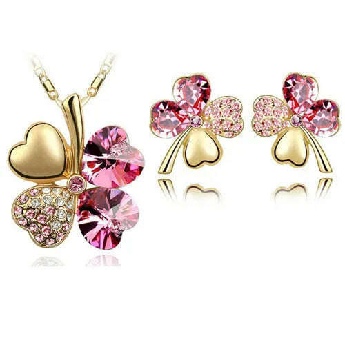 KIMLUD, Fashion Wedding Jewelry Sets For Brides Austrian Crystal Rhinestones Gold Color Lucky Clover Necklace Earrings Jewelry Set, gold darkpink, KIMLUD APPAREL - Womens Clothes