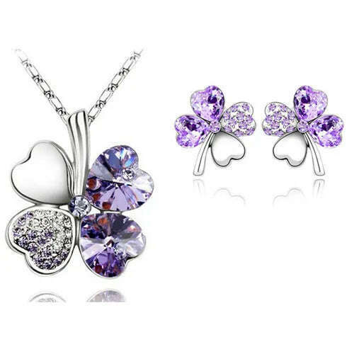 KIMLUD, Fashion Wedding Jewelry Sets For Brides Austrian Crystal Rhinestones Gold Color Lucky Clover Necklace Earrings Jewelry Set, silver violet, KIMLUD APPAREL - Womens Clothes