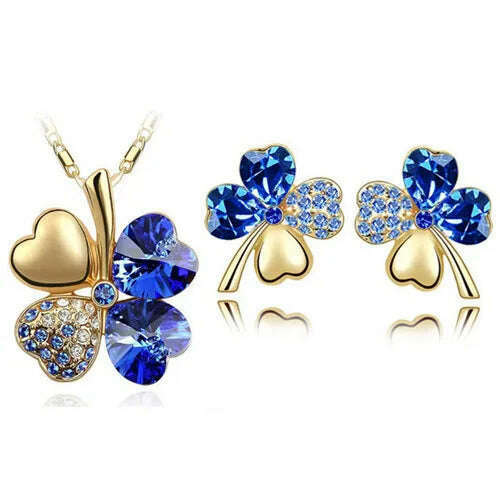 KIMLUD, Fashion Wedding Jewelry Sets For Brides Austrian Crystal Rhinestones Gold Color Lucky Clover Necklace Earrings Jewelry Set, gold darkblue, KIMLUD APPAREL - Womens Clothes