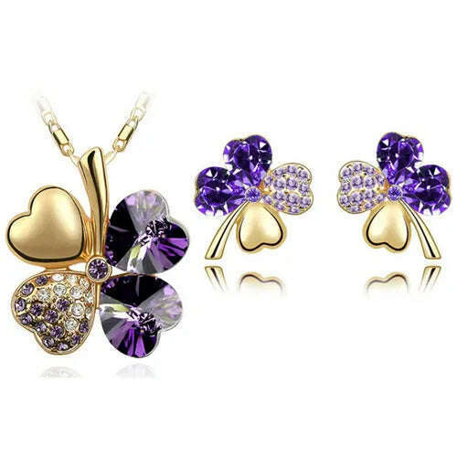 KIMLUD, Fashion Wedding Jewelry Sets For Brides Austrian Crystal Rhinestones Gold Color Lucky Clover Necklace Earrings Jewelry Set, gold purple, KIMLUD APPAREL - Womens Clothes
