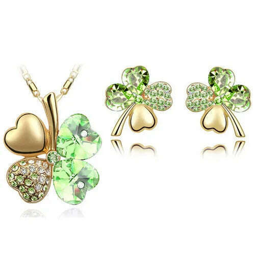 KIMLUD, Fashion Wedding Jewelry Sets For Brides Austrian Crystal Rhinestones Gold Color Lucky Clover Necklace Earrings Jewelry Set, rose gold lightgreen, KIMLUD APPAREL - Womens Clothes