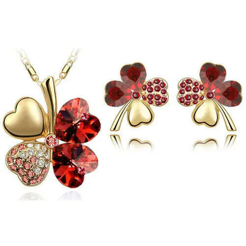 KIMLUD, Fashion Wedding Jewelry Sets For Brides Austrian Crystal Rhinestones Gold Color Lucky Clover Necklace Earrings Jewelry Set, gold red, KIMLUD APPAREL - Womens Clothes