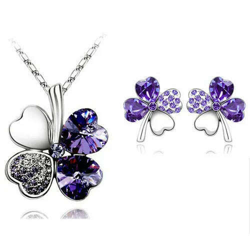 KIMLUD, Fashion Wedding Jewelry Sets For Brides Austrian Crystal Rhinestones Gold Color Lucky Clover Necklace Earrings Jewelry Set, silver dark purple, KIMLUD APPAREL - Womens Clothes