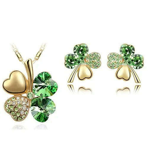 KIMLUD, Fashion Wedding Jewelry Sets For Brides Austrian Crystal Rhinestones Gold Color Lucky Clover Necklace Earrings Jewelry Set, KIMLUD Womens Clothes