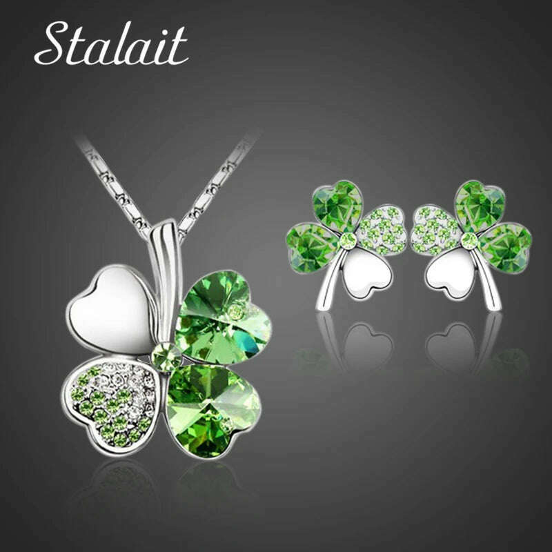 KIMLUD, Fashion Wedding Jewelry Sets For Brides Austrian Crystal Rhinestones Gold Color Lucky Clover Necklace Earrings Jewelry Set, KIMLUD Womens Clothes