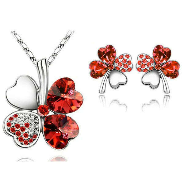 KIMLUD, Fashion Wedding Jewelry Sets For Brides Austrian Crystal Rhinestones Gold Color Lucky Clover Necklace Earrings Jewelry Set, KIMLUD Womens Clothes