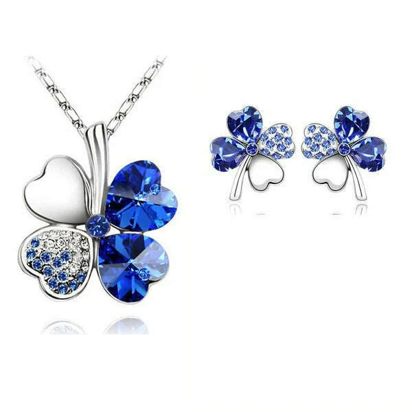 KIMLUD, Fashion Wedding Jewelry Sets For Brides Austrian Crystal Rhinestones Gold Color Lucky Clover Necklace Earrings Jewelry Set, KIMLUD Womens Clothes