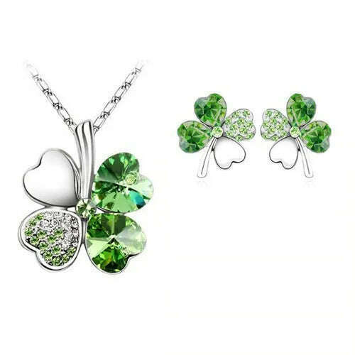 KIMLUD, Fashion Wedding Jewelry Sets For Brides Austrian Crystal Rhinestones Gold Color Lucky Clover Necklace Earrings Jewelry Set, KIMLUD Womens Clothes