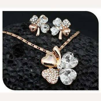 KIMLUD, Fashion Wedding Jewelry Sets For Brides Austrian Crystal Rhinestones Gold Color Lucky Clover Necklace Earrings Jewelry Set, KIMLUD Womens Clothes