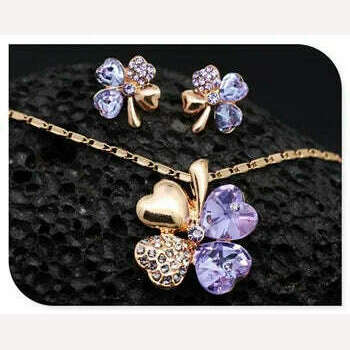 KIMLUD, Fashion Wedding Jewelry Sets For Brides Austrian Crystal Rhinestones Gold Color Lucky Clover Necklace Earrings Jewelry Set, KIMLUD Womens Clothes