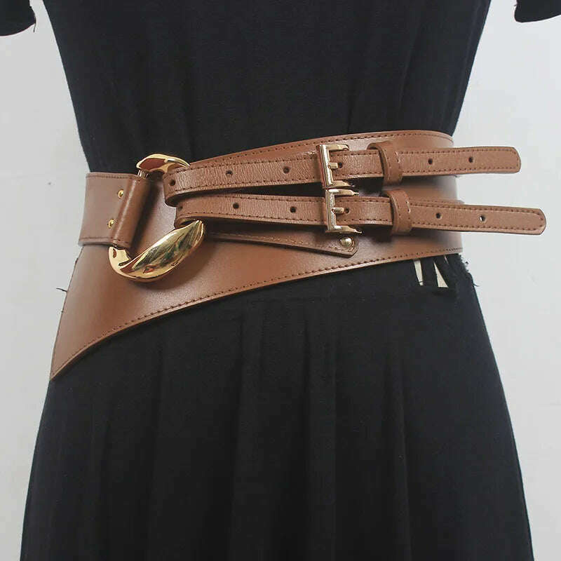 KIMLUD, Fashion Wide Cowskin Cummerbund Women's Cummerbunds Knot Real Leather Waistbands For Dress Decorate Waist Belt Coat Accessorie, KIMLUD Womens Clothes