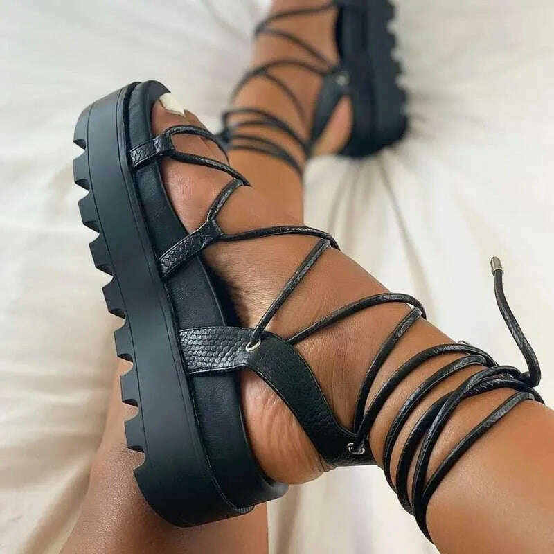 KIMLUD, Fashion Woman Gladiator Sandals Ladies Wedge Shoes Female Lace Up Platform Shoes Women Cross Straps Thick Bottom Heeled Sandals, Black / 35, KIMLUD Womens Clothes