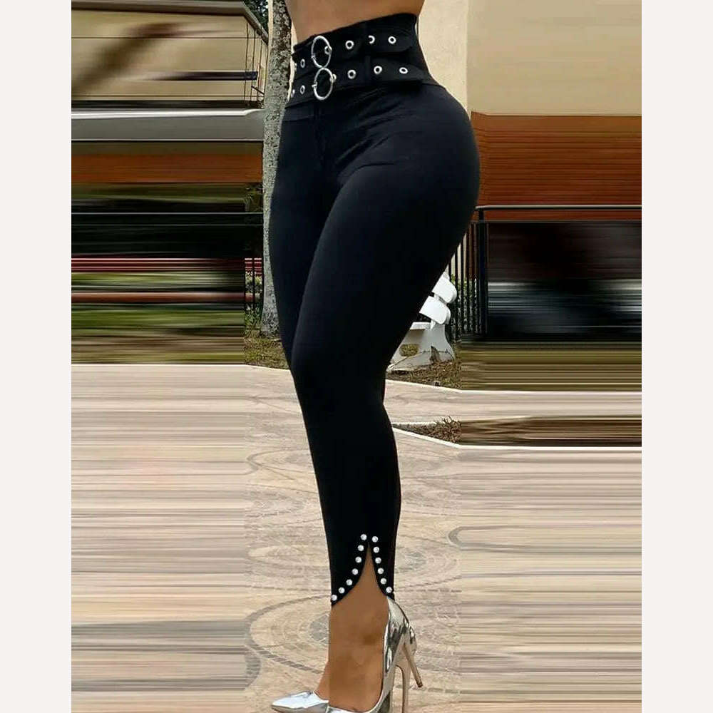 KIMLUD, Fashion Women Black Slit Beaded Decor High Waist Eyelet Buckled Skinny Long Pants With Belt Casual Slim Fit Trousers Loungewear, black / S, KIMLUD APPAREL - Womens Clothes