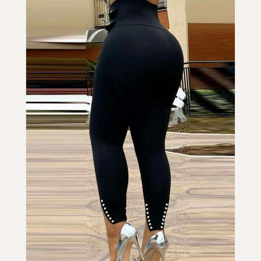 KIMLUD, Fashion Women Black Slit Beaded Decor High Waist Eyelet Buckled Skinny Long Pants With Belt Casual Slim Fit Trousers Loungewear, KIMLUD Womens Clothes