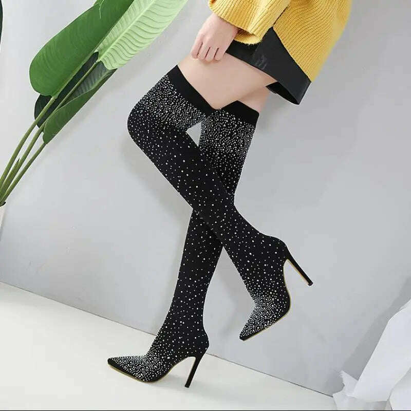 KIMLUD, Fashion Women Boots 12CM Thin High Heels Pointed Toe Slip-On Over-the-Knee British Style Korean Style Sock Boots Womens Shoes, KIMLUD Womens Clothes