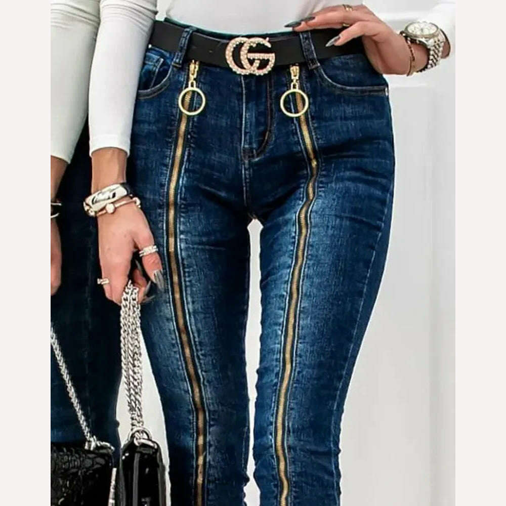 KIMLUD, Fashion Women Casual Slim Fit Trousers High Waist Pocket Design Pants O-Ring Zipper Decor Skinny Jeans Without Belt, dark blue / S, KIMLUD APPAREL - Womens Clothes