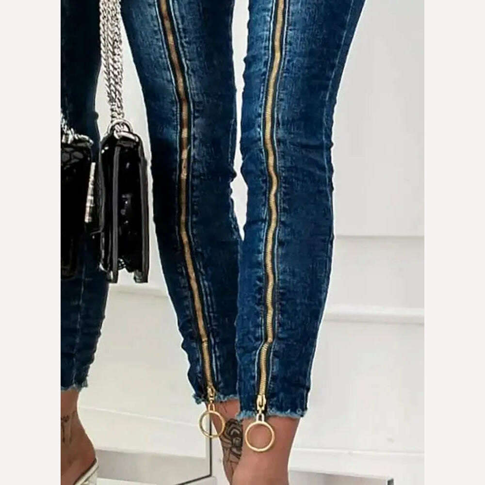 KIMLUD, Fashion Women Casual Slim Fit Trousers High Waist Pocket Design Pants O-Ring Zipper Decor Skinny Jeans Without Belt, KIMLUD Womens Clothes