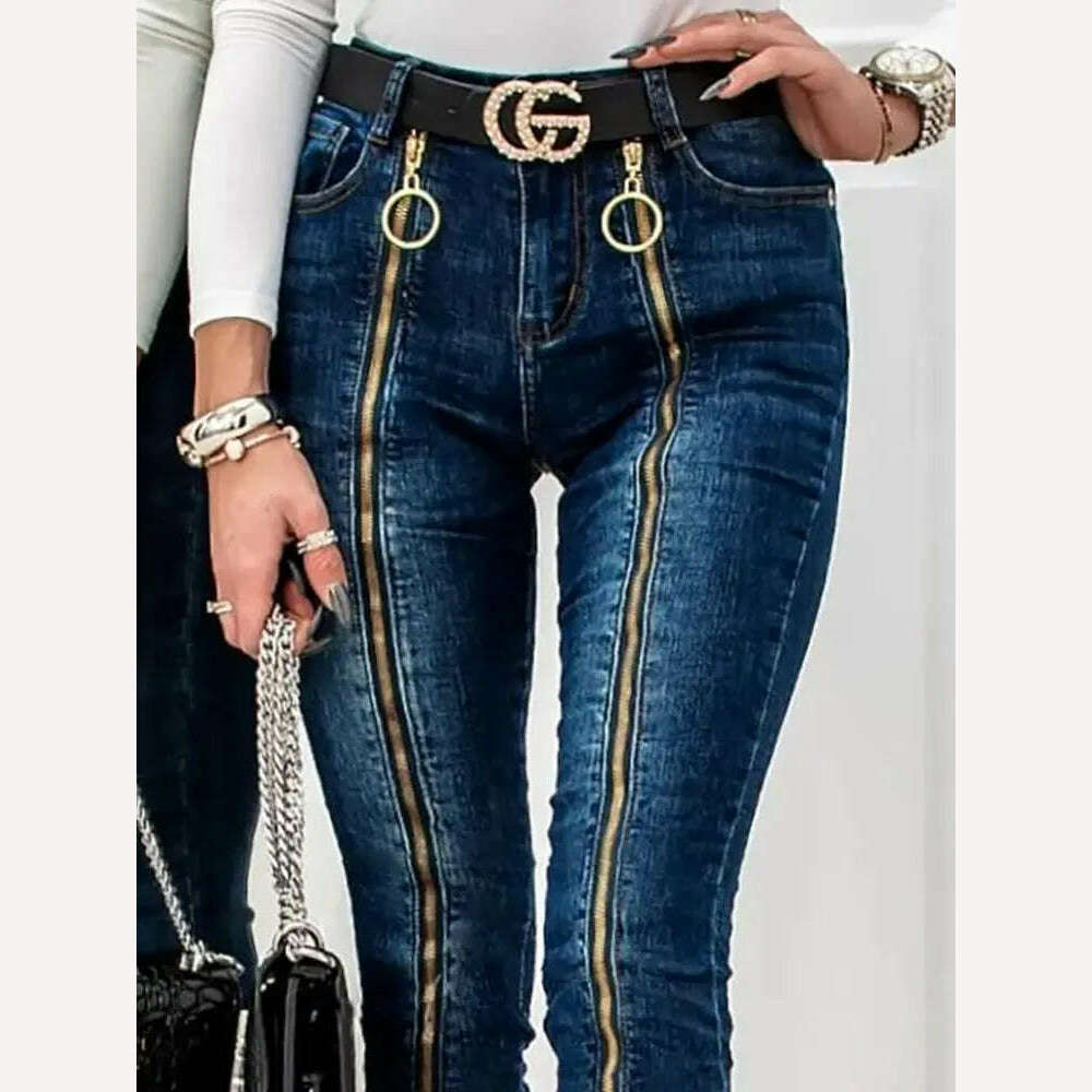 KIMLUD, Fashion Women Casual Slim Fit Trousers High Waist Pocket Design Pants O-Ring Zipper Decor Skinny Jeans Without Belt, KIMLUD Womens Clothes