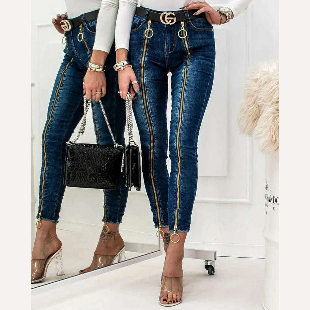 KIMLUD, Fashion Women Casual Slim Fit Trousers High Waist Pocket Design Pants O-Ring Zipper Decor Skinny Jeans Without Belt, KIMLUD Womens Clothes