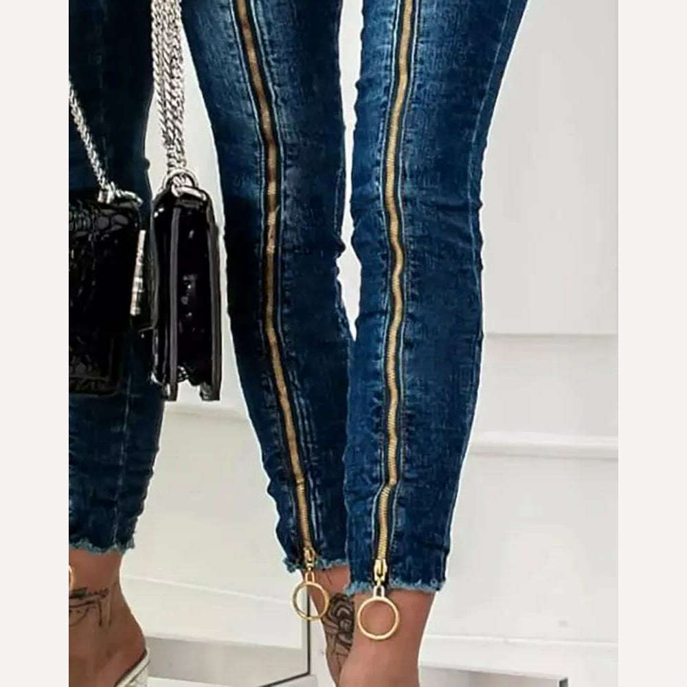 KIMLUD, Fashion Women Casual Slim Fit Trousers High Waist Pocket Design Pants O-Ring Zipper Decor Skinny Jeans Without Belt, KIMLUD Womens Clothes