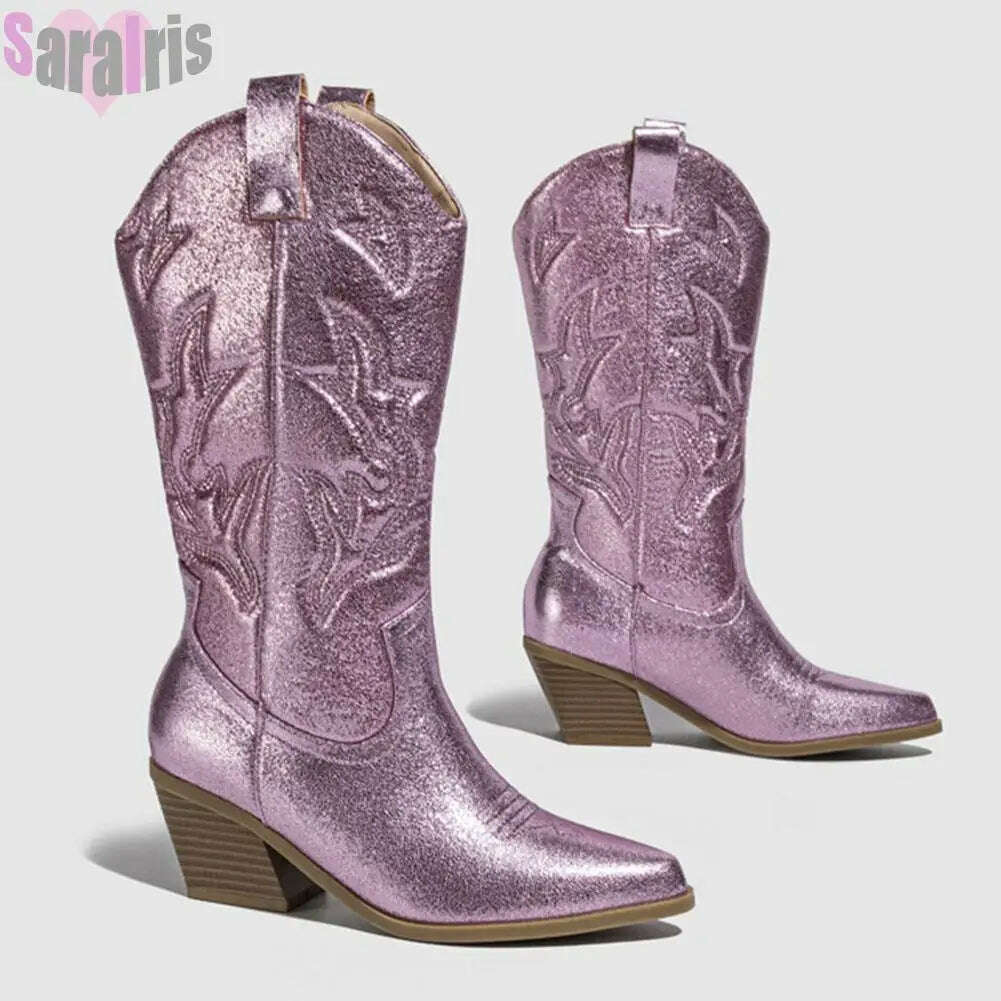 KIMLUD, Fashion Women Cowboy Boots For Women Chunky Heels Metal Colorful Cowgirl Western Mid Calf Boots Woman Vintage Shoes Plus Size, Pink style 4 / 5, KIMLUD APPAREL - Womens Clothes