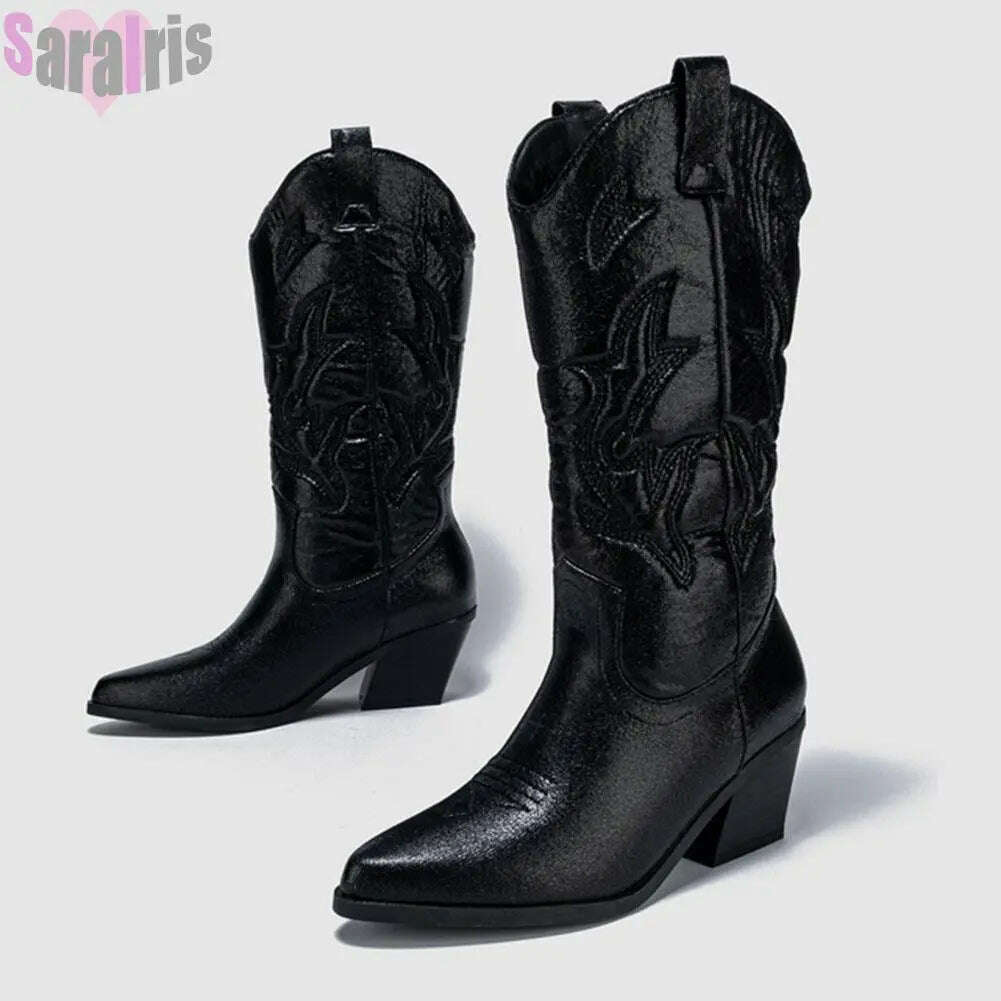 KIMLUD, Fashion Women Cowboy Boots For Women Chunky Heels Metal Colorful Cowgirl Western Mid Calf Boots Woman Vintage Shoes Plus Size, KIMLUD Womens Clothes