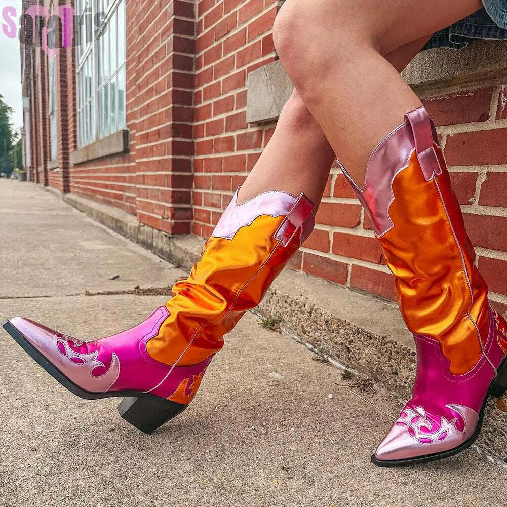 KIMLUD, Fashion Women Cowboy Boots For Women Chunky Heels Metal Colorful Cowgirl Western Mid Calf Boots Woman Vintage Shoes Plus Size, KIMLUD Womens Clothes