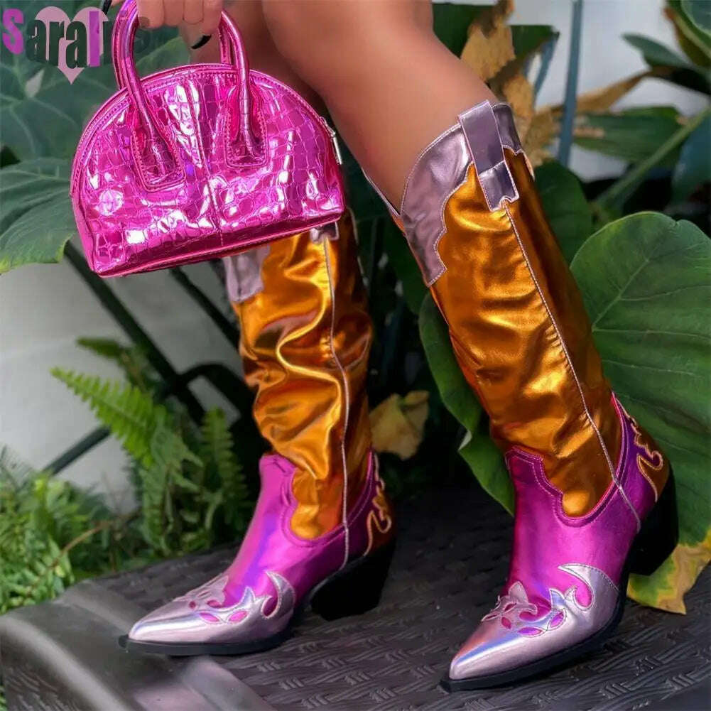 KIMLUD, Fashion Women Cowboy Boots For Women Chunky Heels Metal Colorful Cowgirl Western Mid Calf Boots Woman Vintage Shoes Plus Size, KIMLUD Womens Clothes