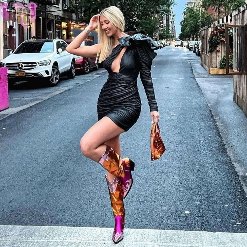 KIMLUD, Fashion Women Cowboy Boots For Women Chunky Heels Metal Colorful Cowgirl Western Mid Calf Boots Woman Vintage Shoes Plus Size, KIMLUD Womens Clothes