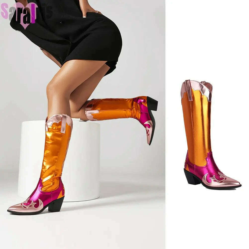 KIMLUD, Fashion Women Cowboy Boots For Women Chunky Heels Metal Colorful Cowgirl Western Mid Calf Boots Woman Vintage Shoes Plus Size, KIMLUD Womens Clothes
